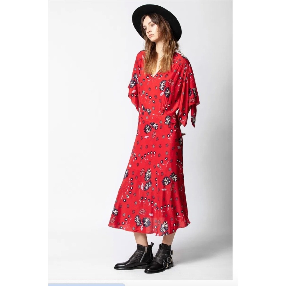 ZADIG & VOLTAIRE Red Silk Rap Daisy Boho Cottagecore Dress Size Small